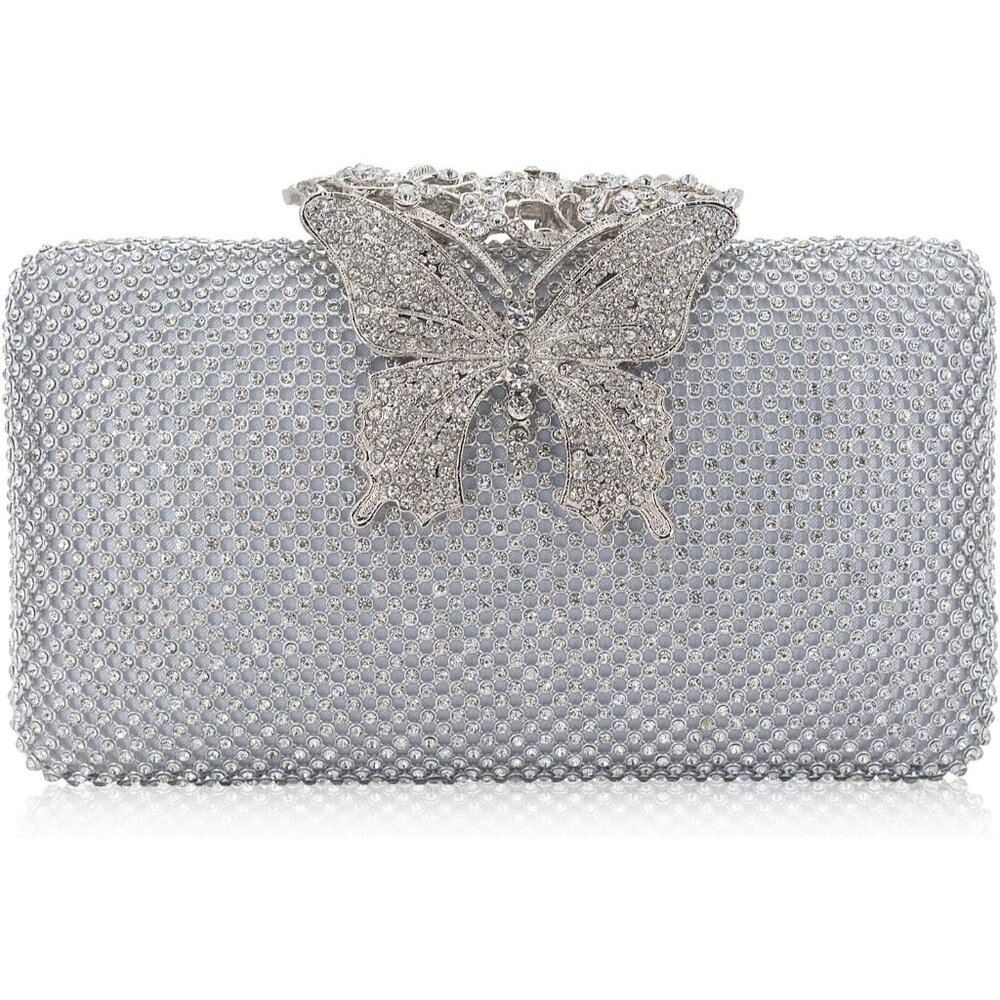 ⚡Women's‎ Silver Velvet Fabric Butterfly Clasp Crystal Evening Clutch Bag